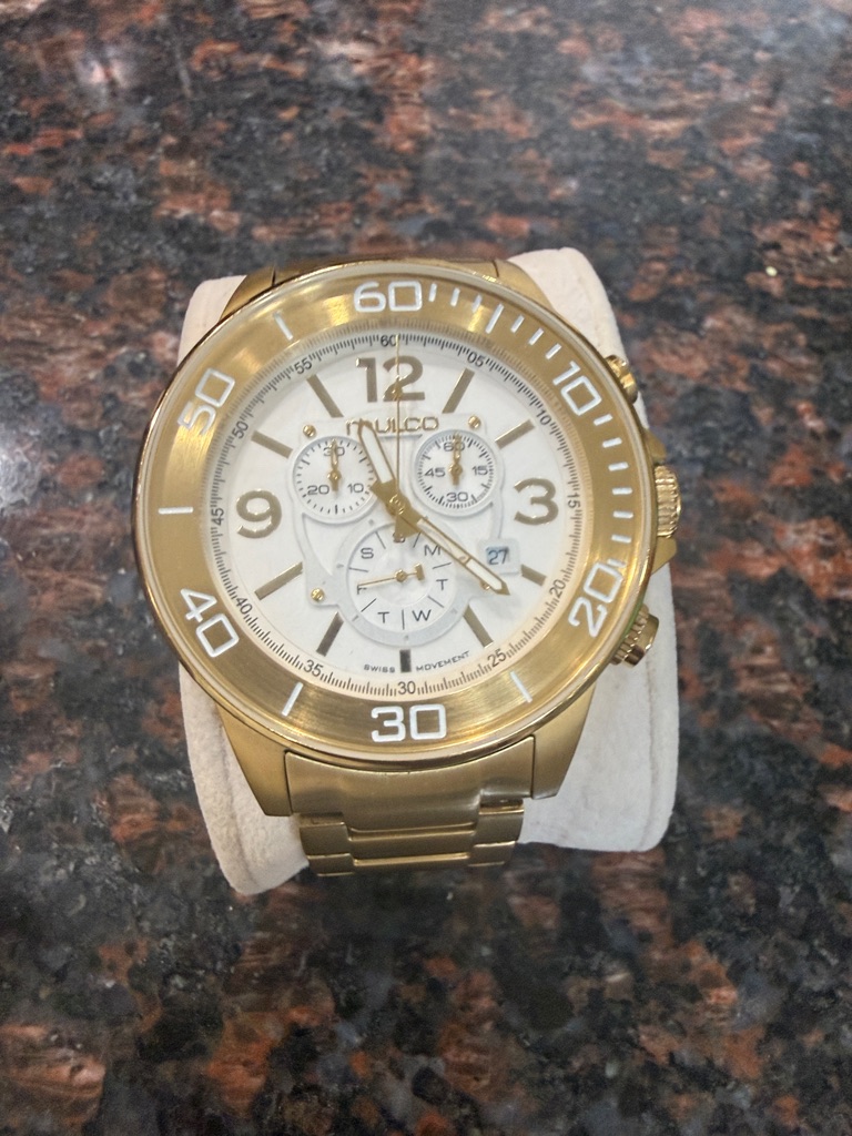 Mulco Gold Tone Chronograph Watch With White Dial